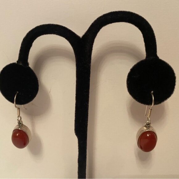 EARRINGS STERLING SILVER 925 CARNELIAN OVAL RED STONE FRENCH WIRES DROP PIERCED - Picture 4 of 7
